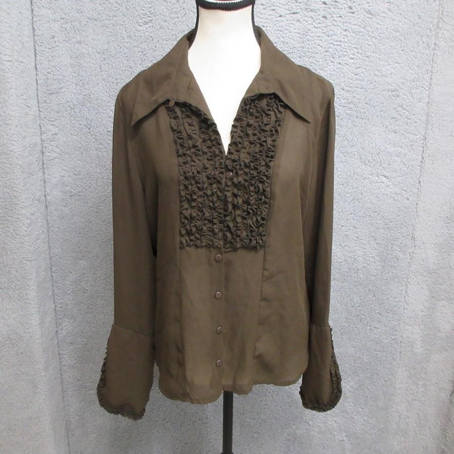 Milano Shirt Womens Large Ruffle Front Button Blouse Long Sleeve Dressy Top