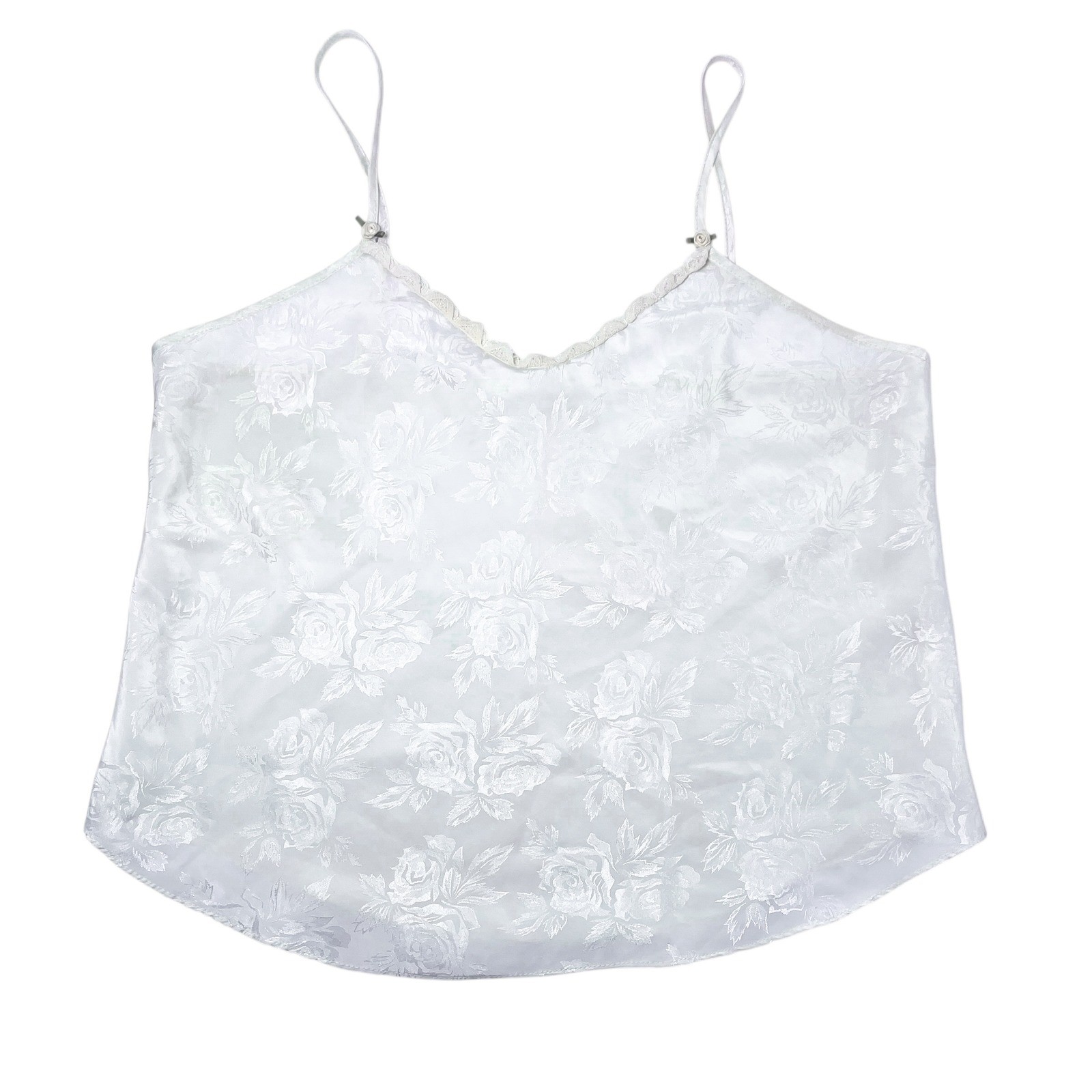 Vintage Cami Top Ivory Floral Embossed Mini Flowers Ruffle Detail Coquette M/L