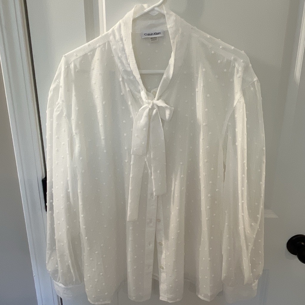 Calvin Klein XL White Sheer Chiffon Polka Dot Bow Tie Blouse