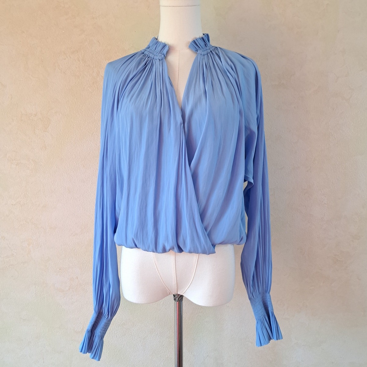 RAMY BROOK Bethany Crossover Blouse Light Blue Smocked Collar Elastic Waist Top