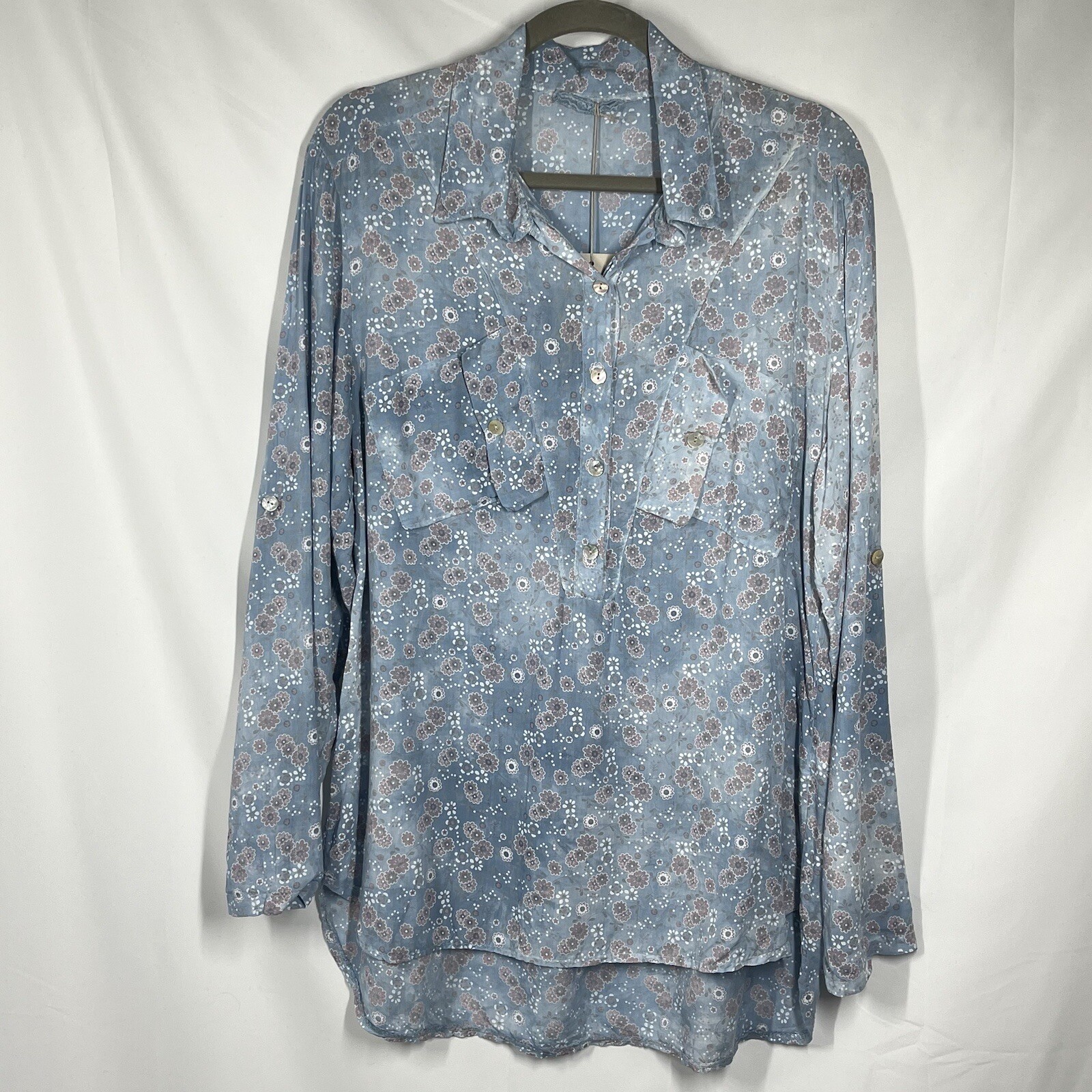 Made In Italy Tunic Top Lagenlook Floral Print OS Angled Pockets High Low NWT