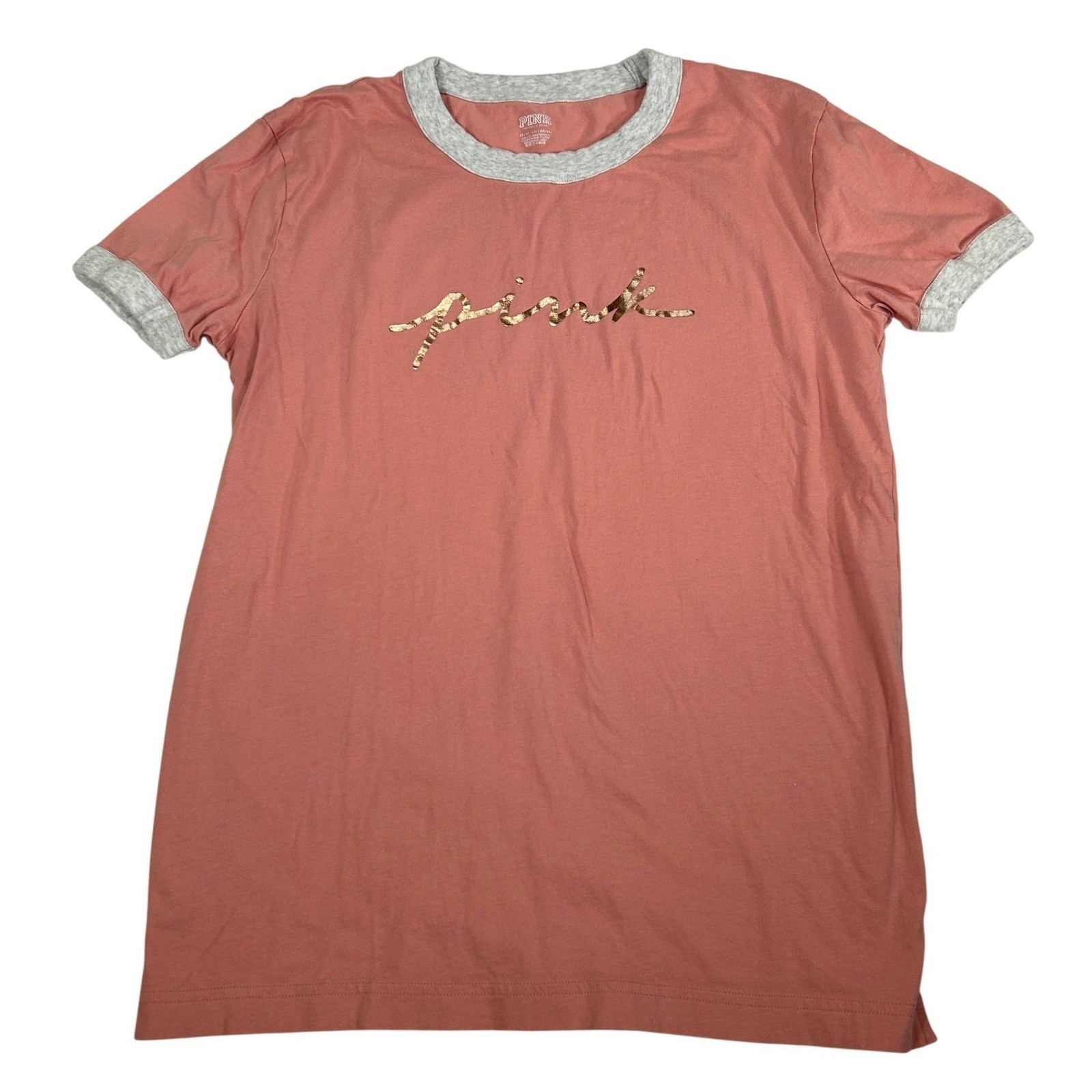 PINK Victoria’s Secret Ringer T-Shirt Coral Rose Gold Foil Logo XS Short Sleeve