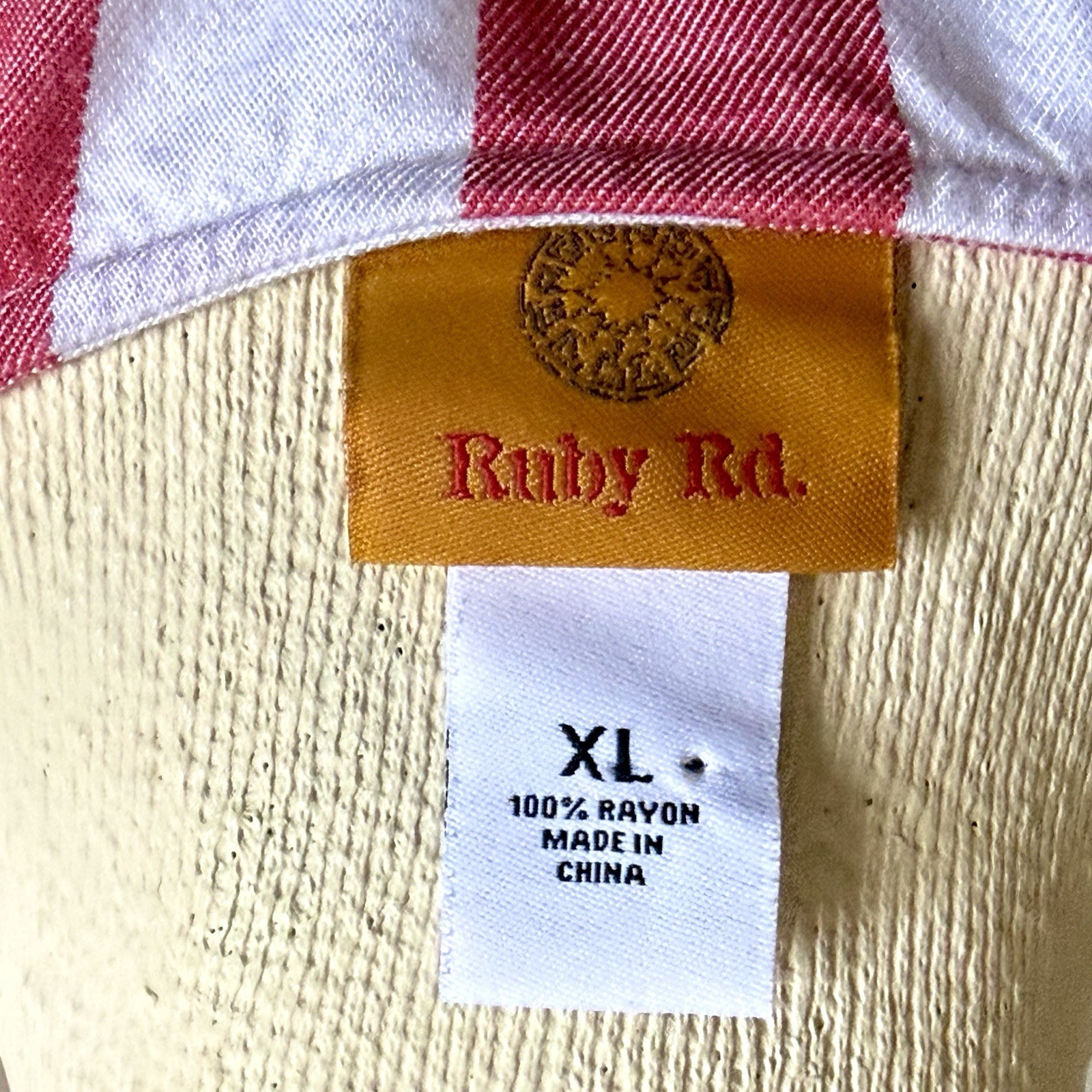 RUBY RD XL Pink White Cabana Stripe Rayon Split Neck Roll Tab Tunic Blouse