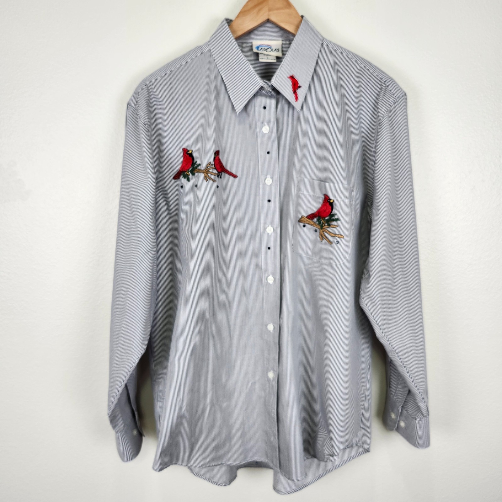 Las Olas Red Cardinal Birds Blouse Large Black White Striped Embroidered Button