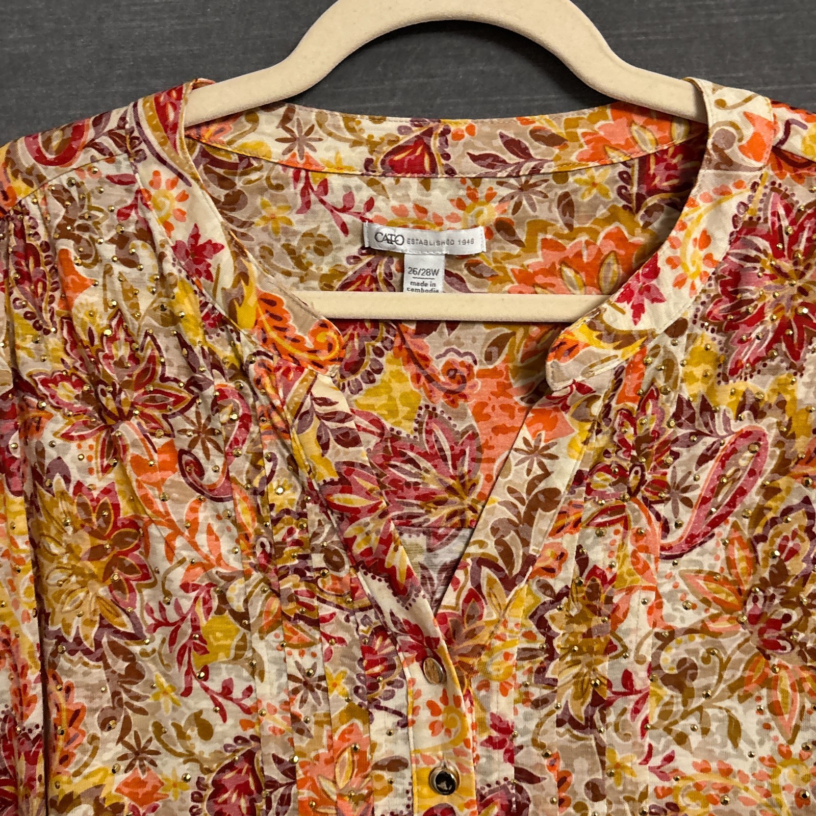 Cato Top 26/28W Orange Red Floral Tunic Popover Burnout Tunic Fall Casual Career