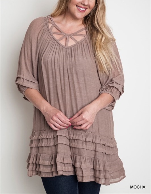 Umgee Plus Size (XL, 1XL, 2XL) Bohemian Boho Cut Out Tiered Ruffle Tunic Top
