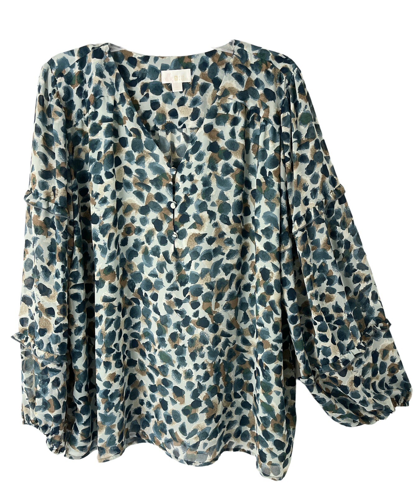 Belle by Kim Graver Women XL Chiffon Lined Long Sleeve Blue Gold Abstract Print