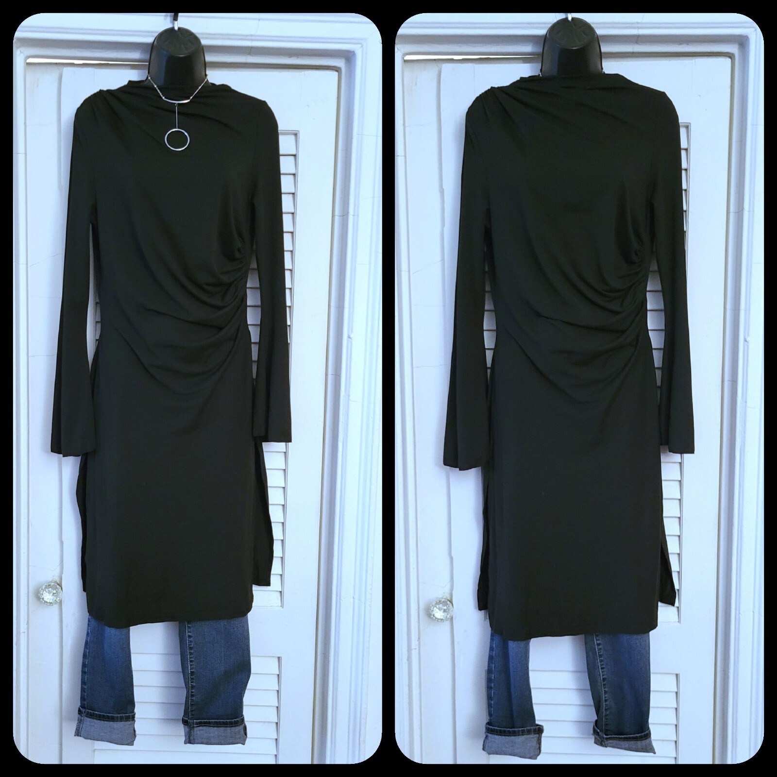 Women’s Black Drawstring Side Style Flounce Long Sleeve Split Thigh Shirt Top L