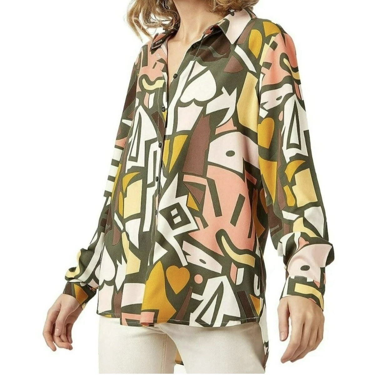 Big Dart 100% Viscose Women’s Abstract Button-Down Blouse Geometric Eur 48 USXL