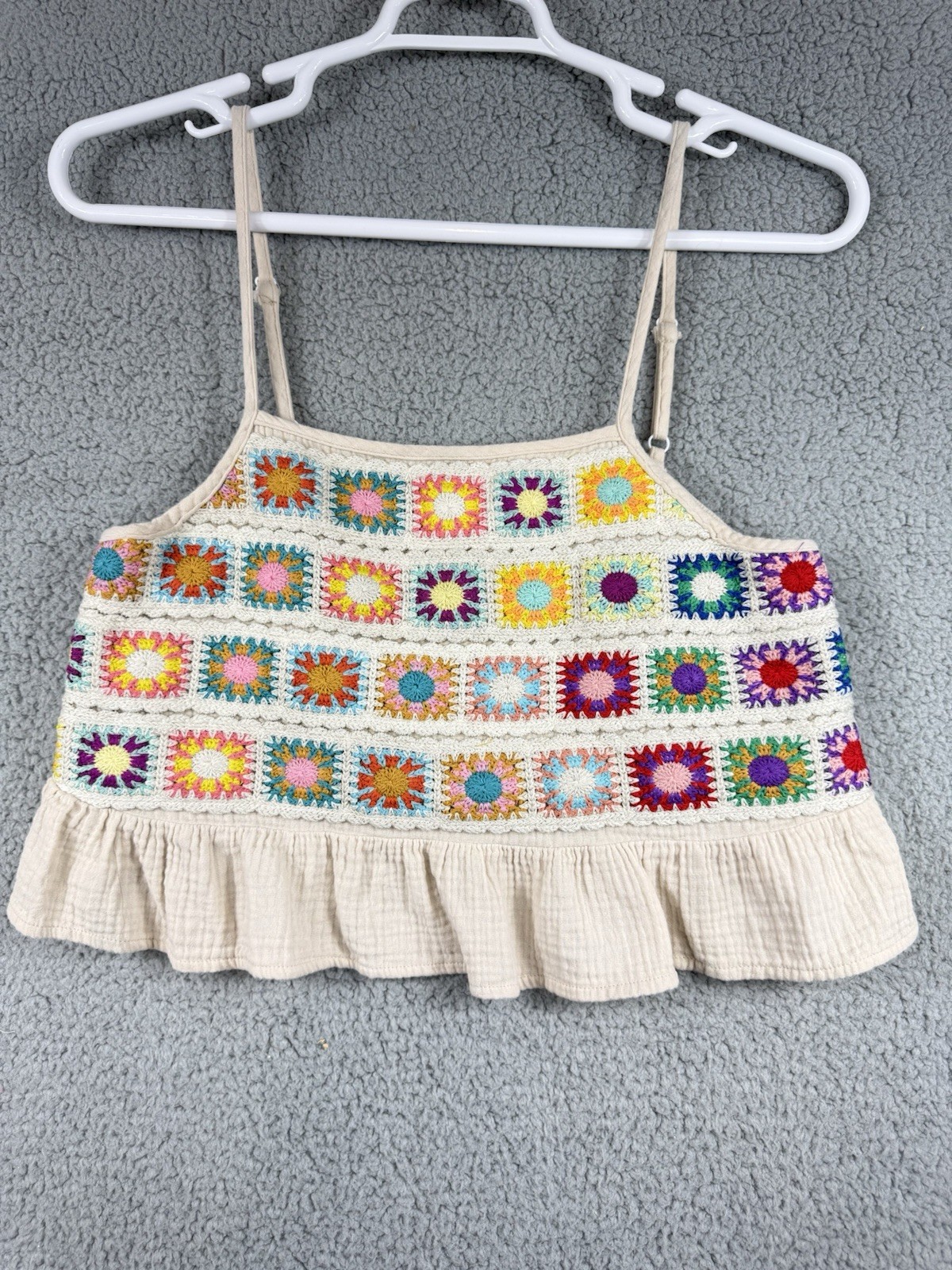 Womens Juniors L Crochet Knit Patterned Crop Top Colorful 70s Hippie Boho