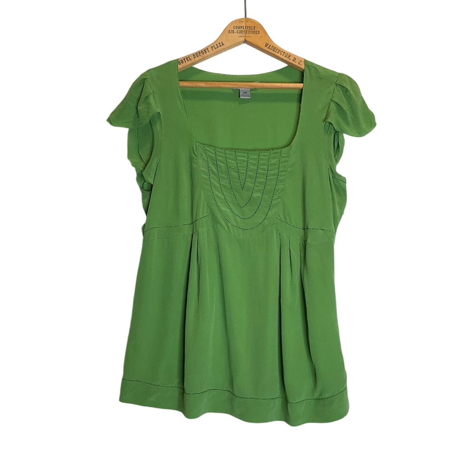 XXI 100% Silk Blouse Flutter Sleeve Baby Doll Kelly Green Boho Y2K Vantage M
