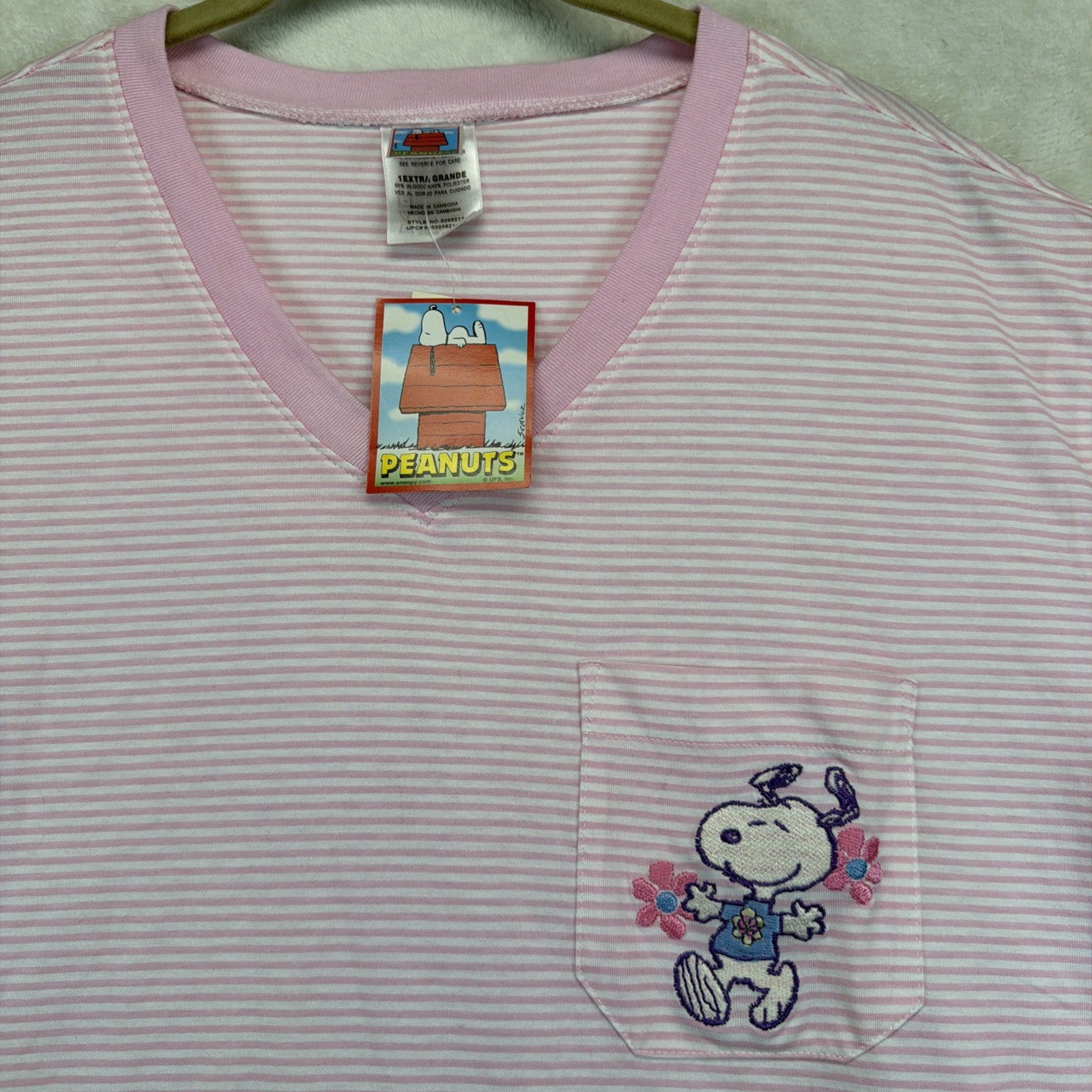 Snoopy Peanuts Pocket Tee NWT Pink Stripe V Neck Women’s XL