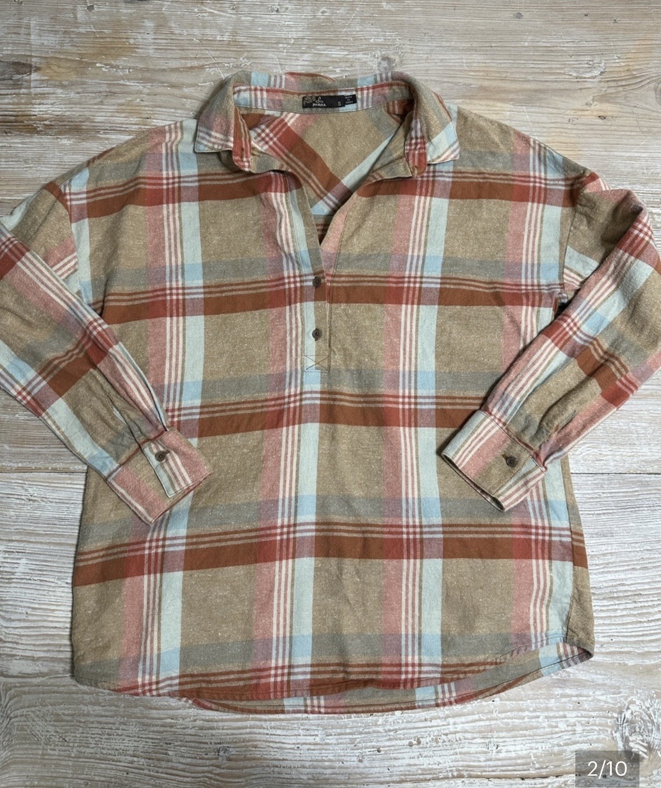 PrAna Dante Women’s Flannel Popover Organic Cotton / Hemp Blend Sz S Rust Plaid
