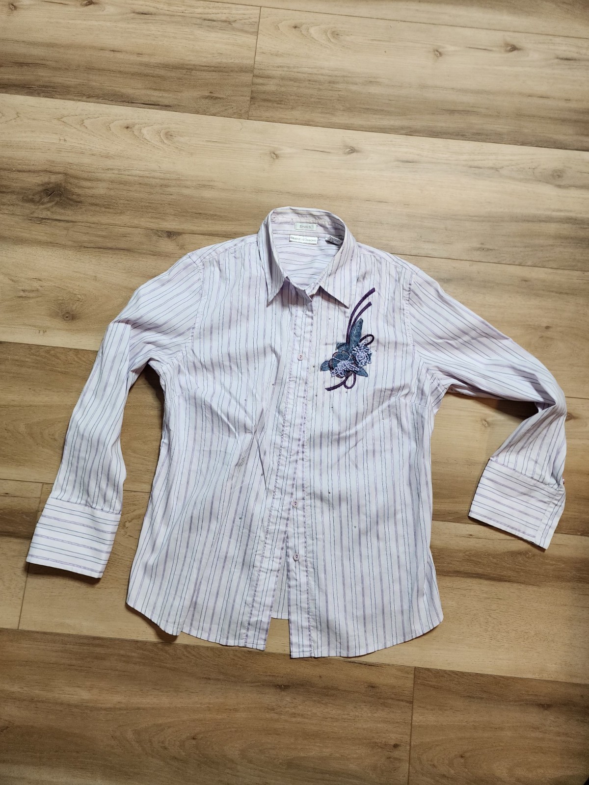 Draper’s Damons Shirt Women L Pink Striped Embroidered Floral Stretch Rhinestone