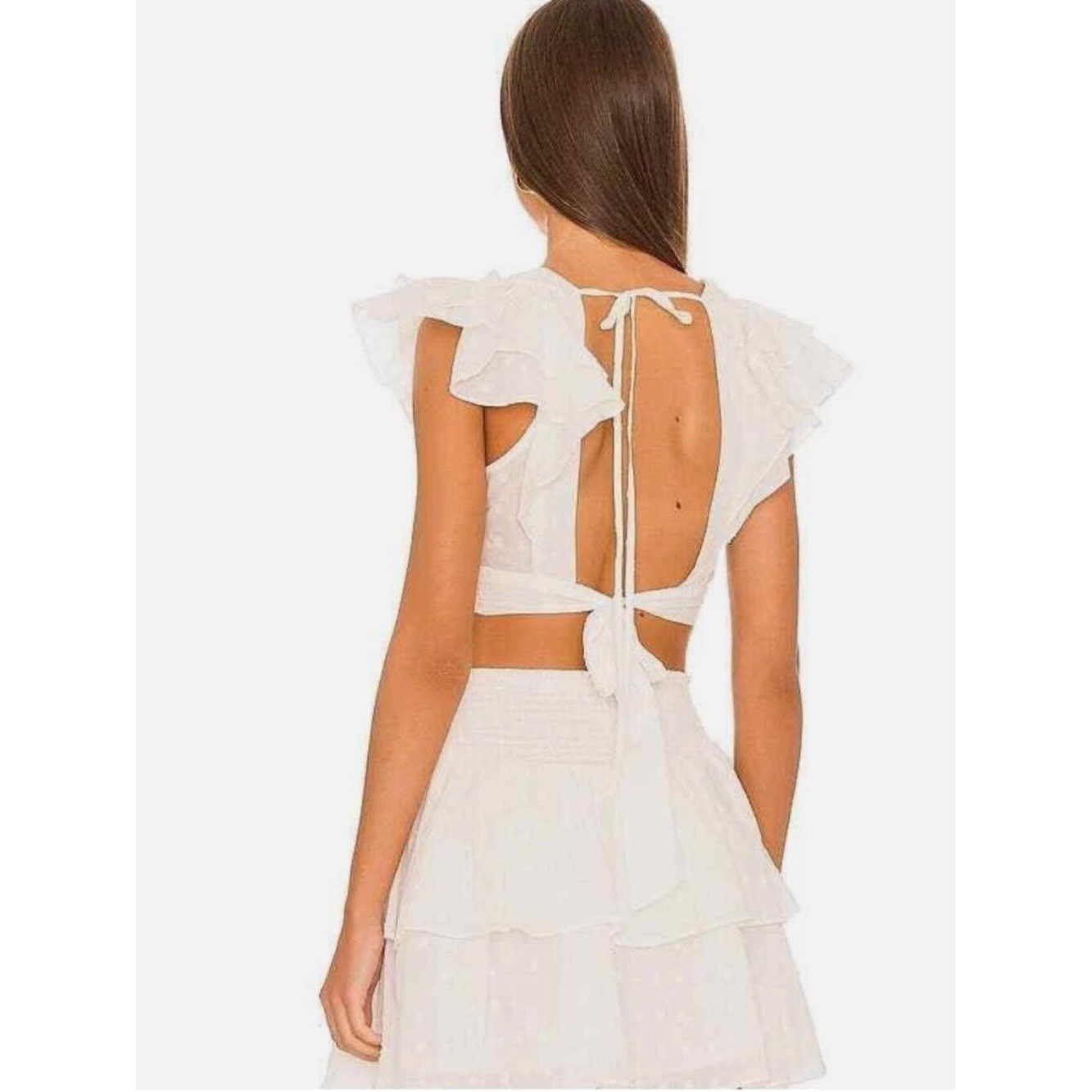 MinkPink White Flutter Sleeve Square NeckPolka Dot Crop Top- S