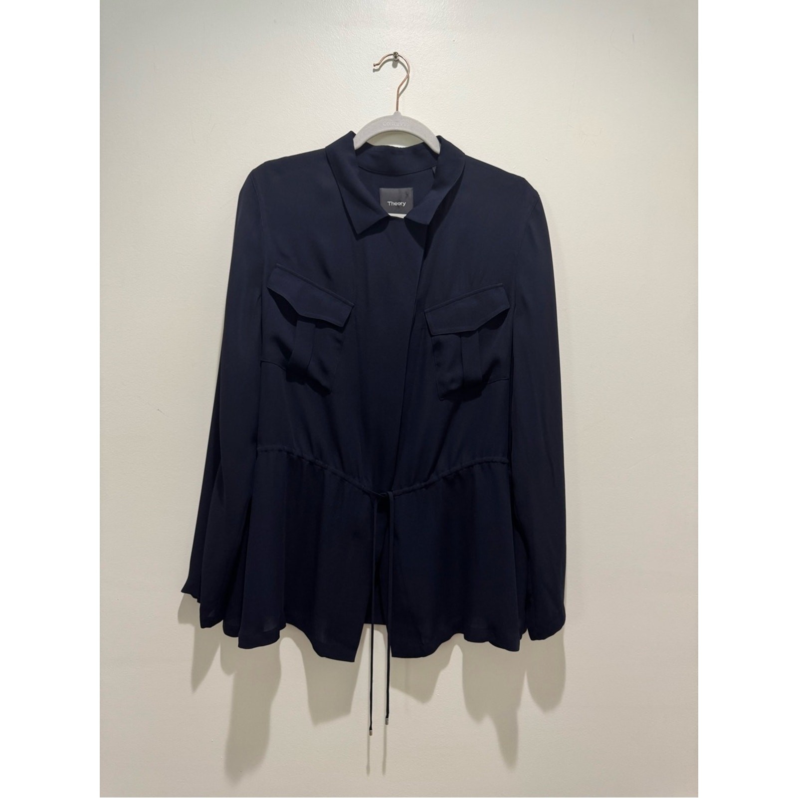 Theory Navy Silk Utility Pocket Tie Waist Blouse Top Size L