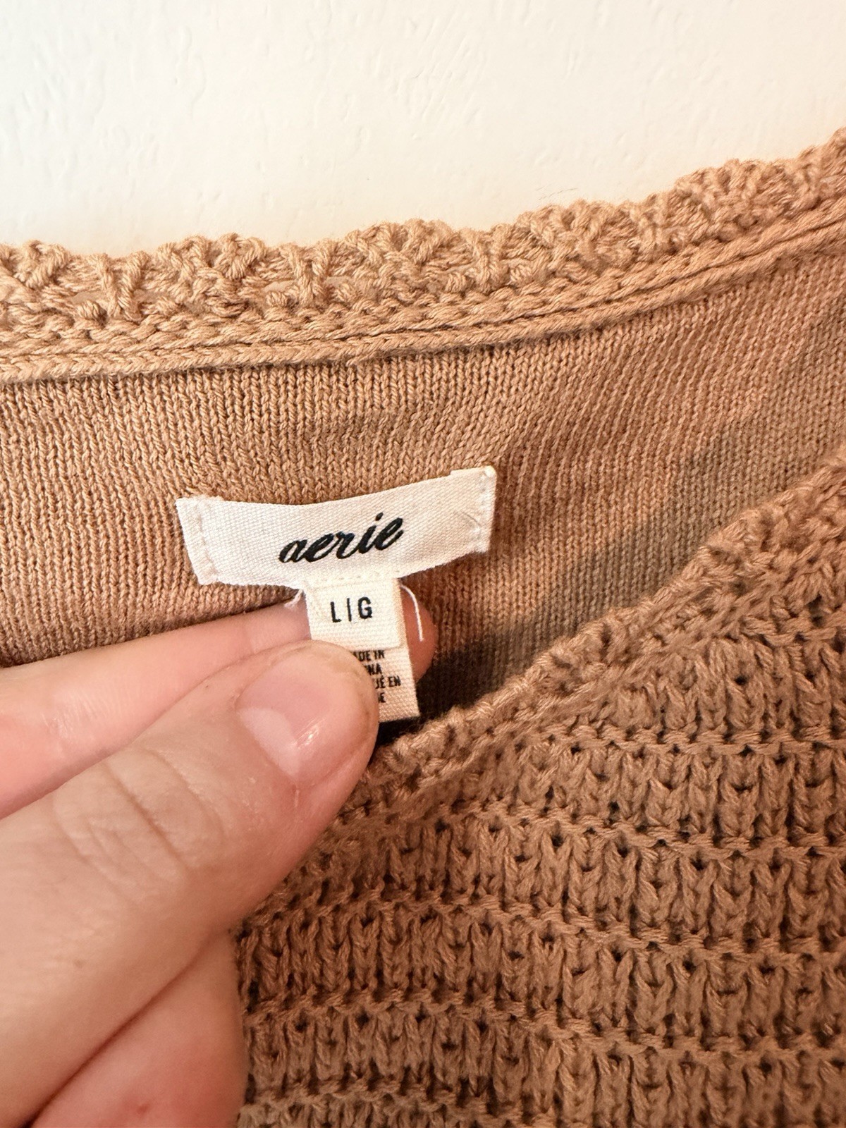 Aerie Women’s Large Tan Crochet Knit Crop Tank Top Boho Sleeveless Lined Cami