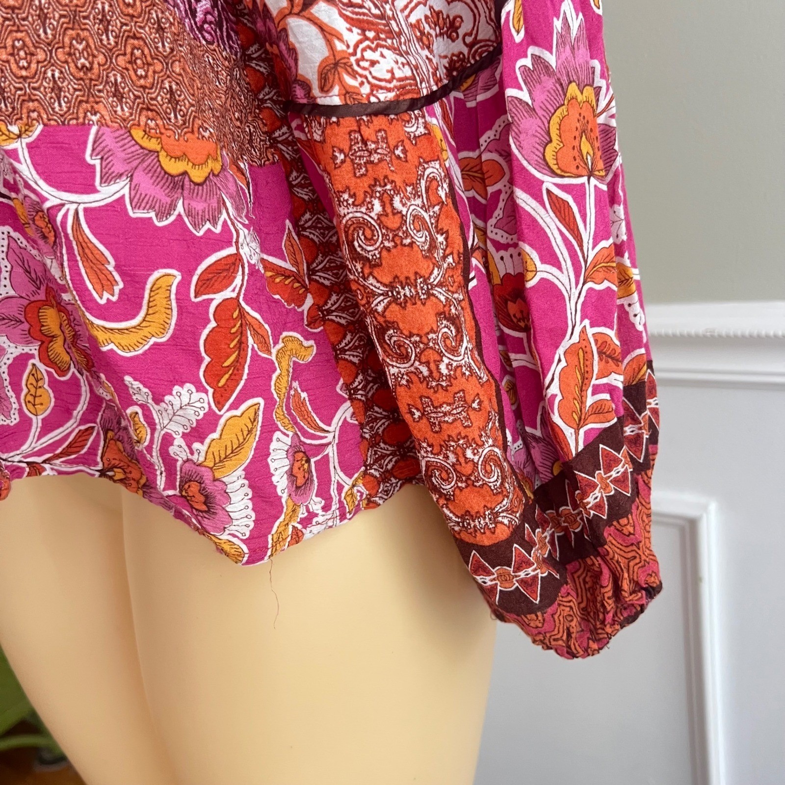 Boho Patchwork Peasant Blouse Womens Sz S Paisley Orange Pink Tassel Cottage