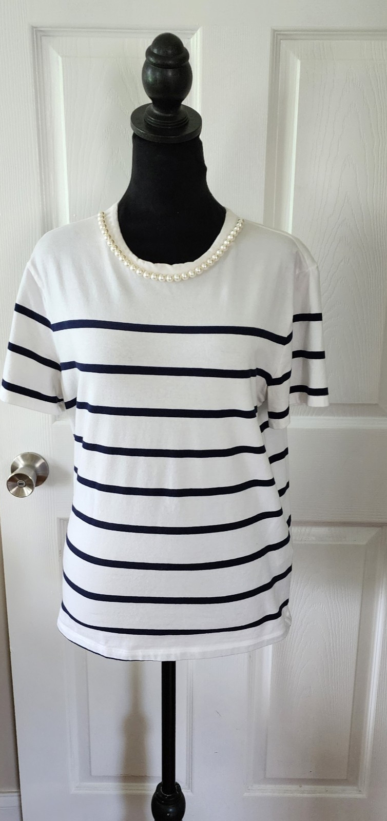 Women’s Knit Top by Charter Club White & Blue Stripe with Necklace Attached MD