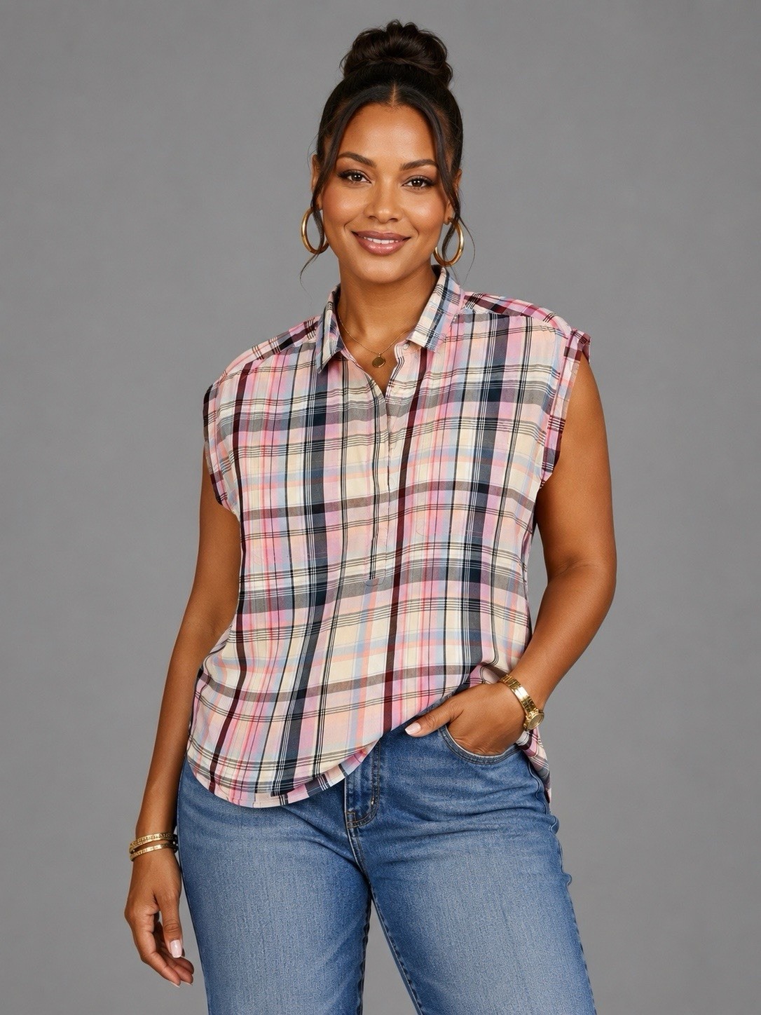LOFT Pink/Blue/Yellow Plaid Collared Sleeveless Button-Up Top Womens M