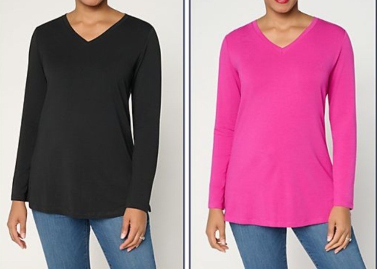 Denim & Co Size 1X Black & Hot Pink 2-Pack So Soft Jersey Tunics A710566 NWOT