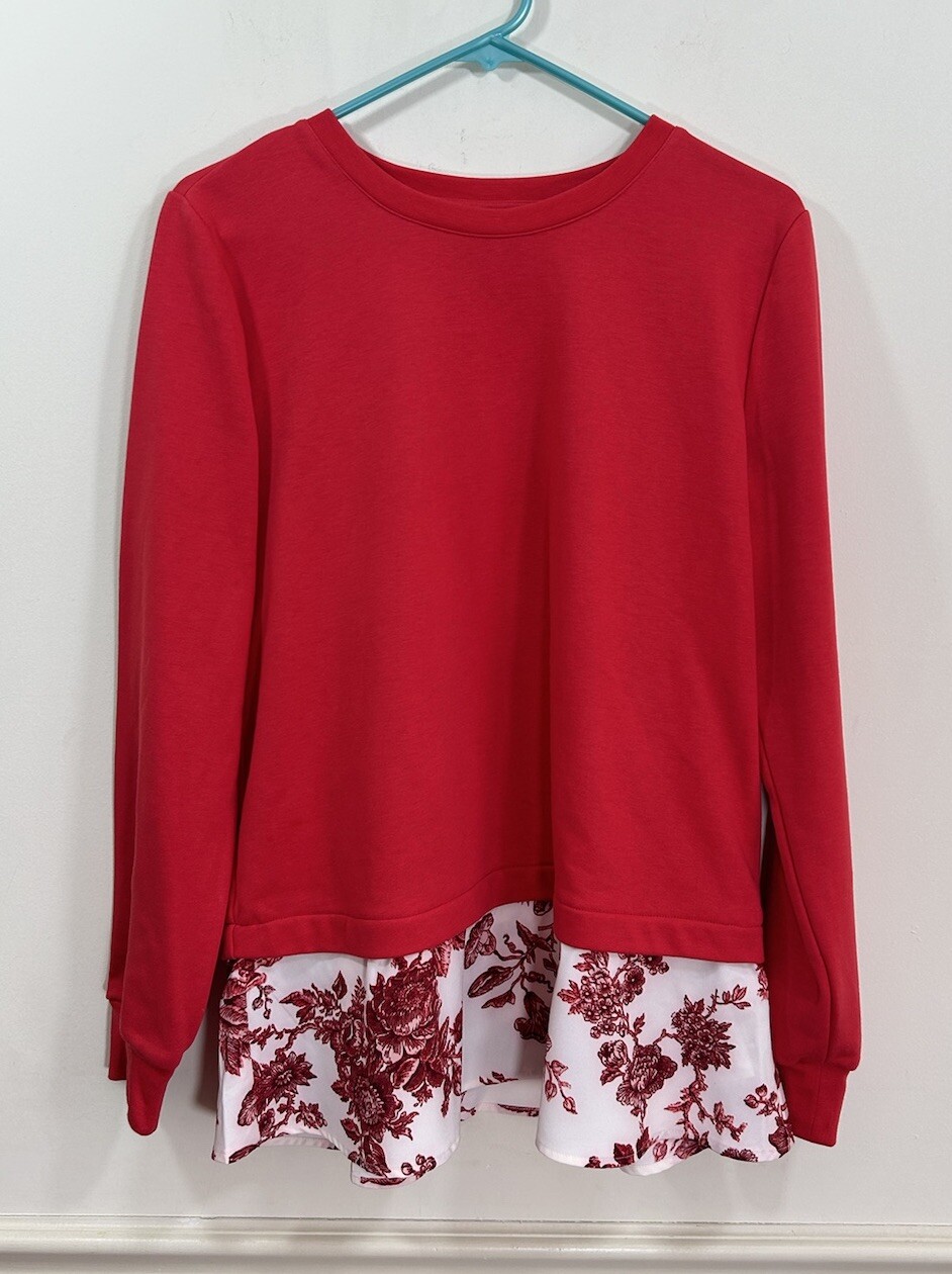 J Jason Wu Layered Shirt SMALL Sweatshirt Red Floral Contrast Media Romantic