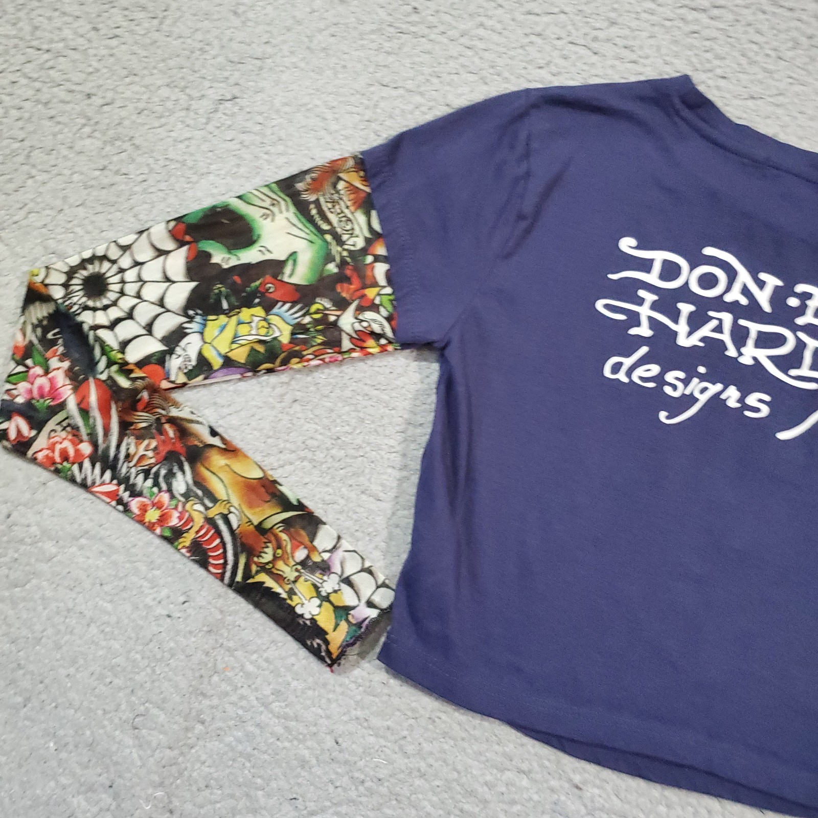 Ed Hardy Shirt Womens Small Blue Mesh Tattoo Sleeve Cropped Crop Top True Love