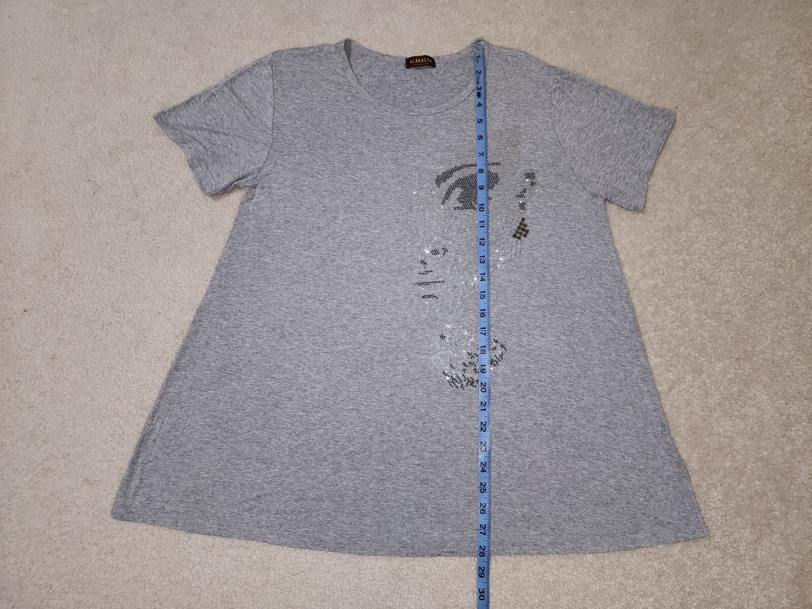 ALMALKA Fashion Womens Gray Sequins Diva Tee Shirt Tunic Top Short Sleeve Sz.M-L
