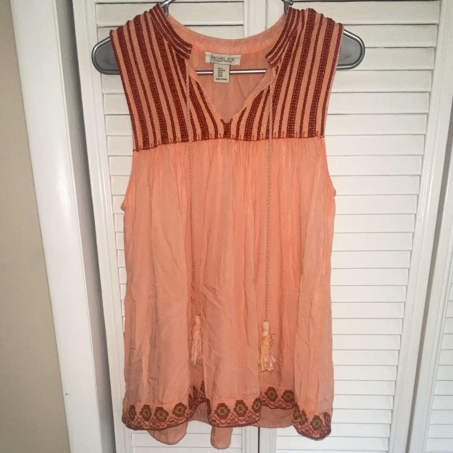 Rachel Zoe Women’s M Orange V-Neck Striped Velvet Embroidered Sleeveless Top