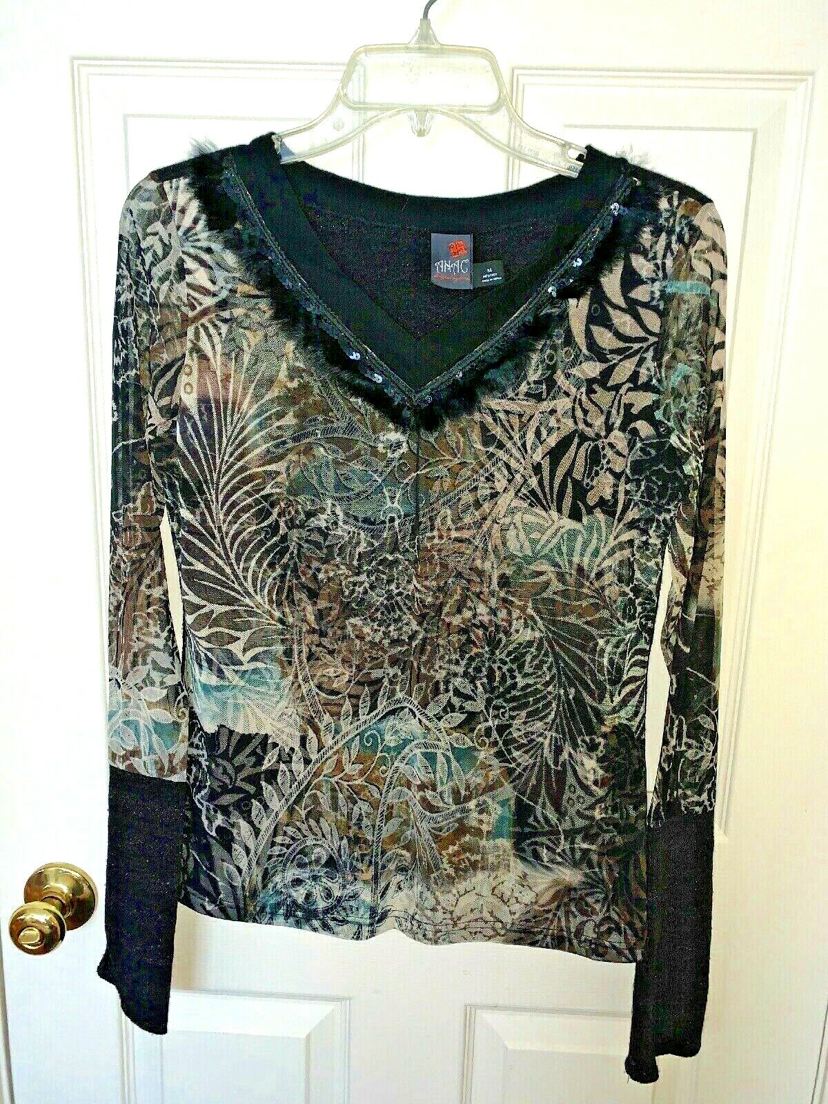 Anac by Kimi Anthropologie Boutique Blouse Unique Fur Sequin Neckline M ❤️tb9j12