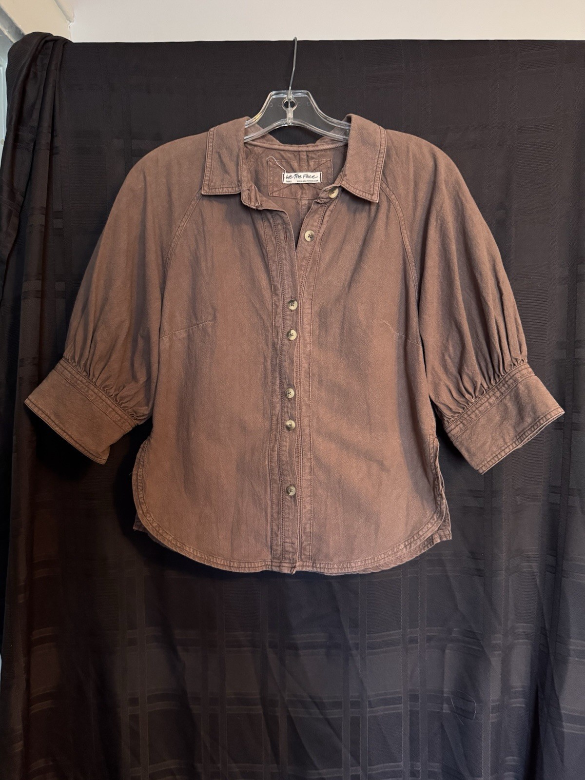 Free People 100% Cotton Brown Blouse Princess Quarter Sleeve Side Vent Size S