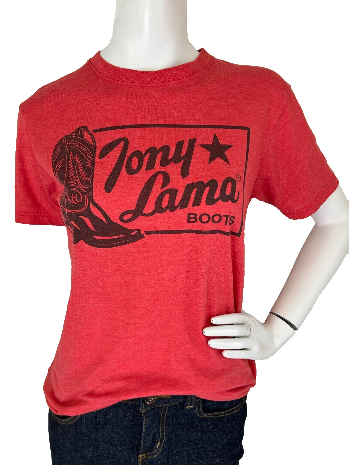 Tony Lama Graphic Boot Tee Size Small Cotton Blend Crewneck Short Sleeve Red EUC
