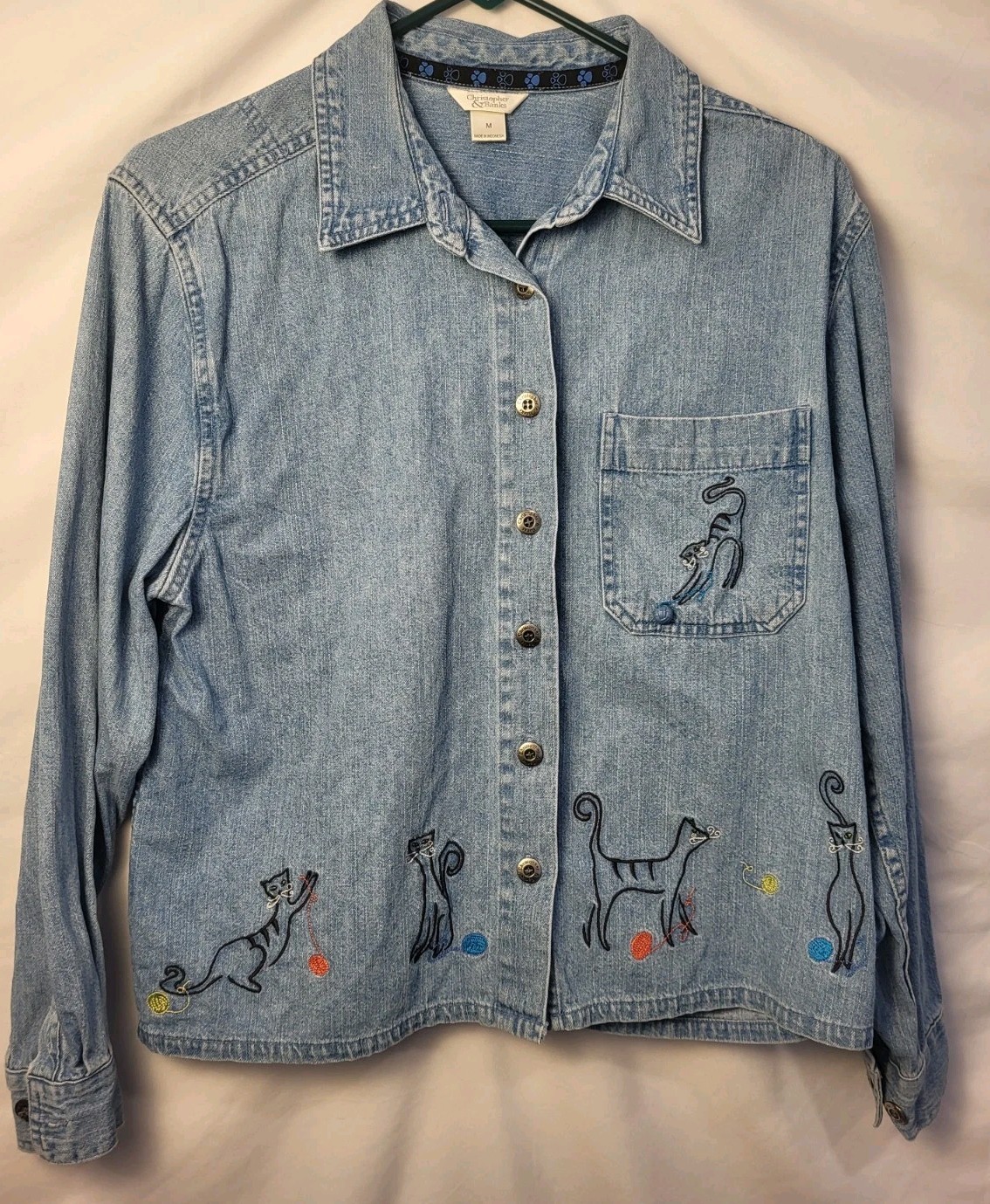 Vintage Christopher Banks Abstract Cats Womens Med Yarn Denim Shirt Embroidered