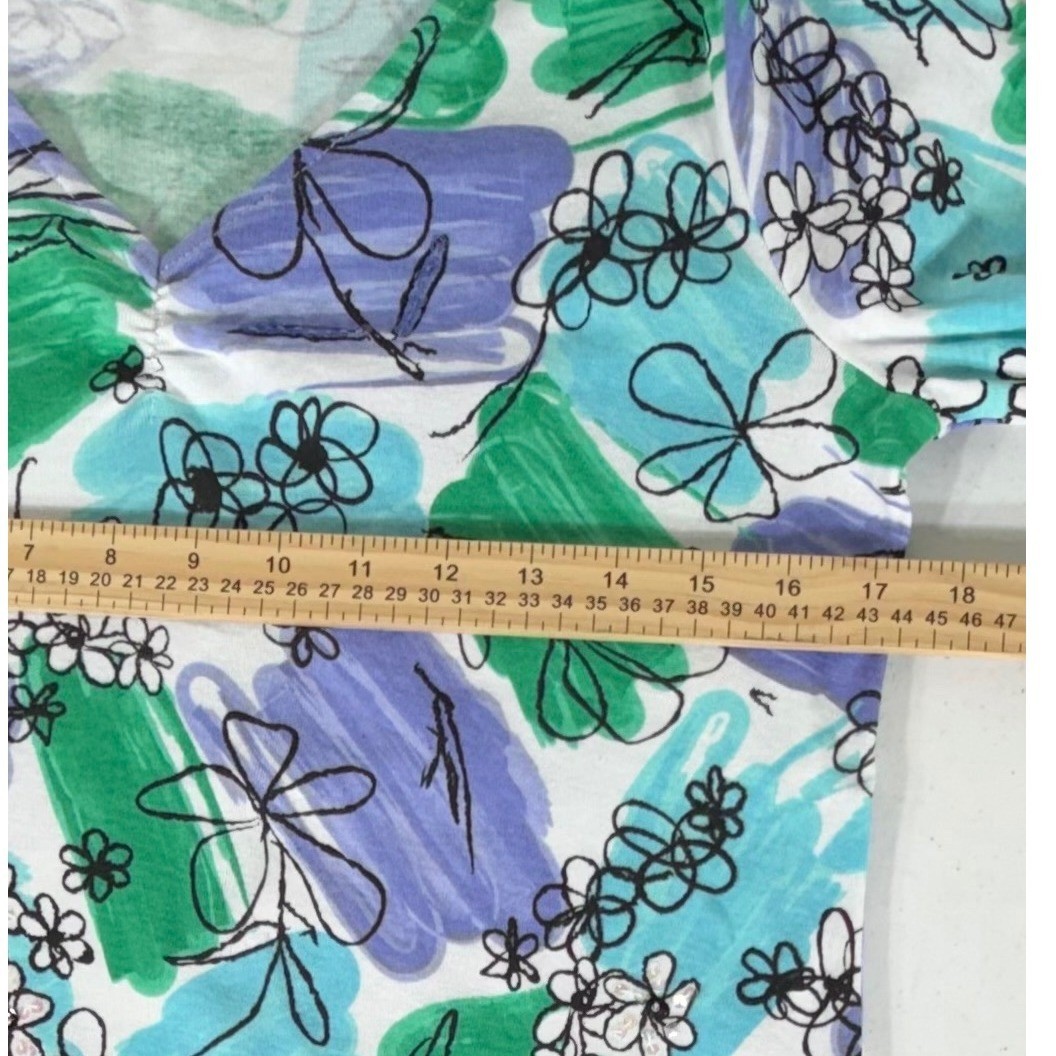 Lulu-B Floral Abstract Top Small Green Blue Purple 3/4 Sleeve V-Neck Cotton