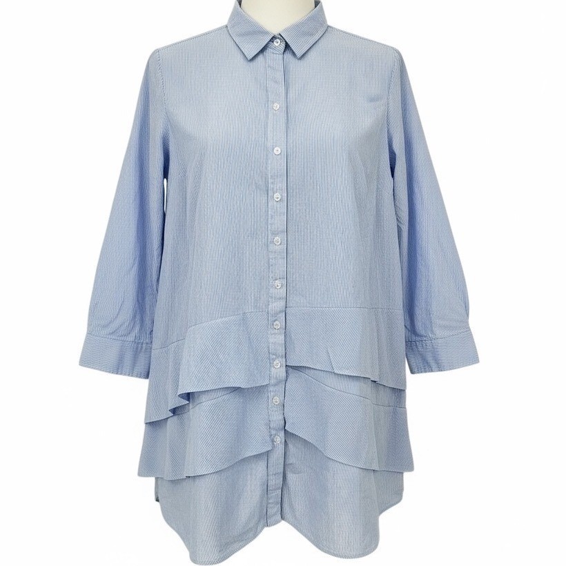 Finley Striped Button Up Shirt Dress Layered Tunic XL Blue Made in USA