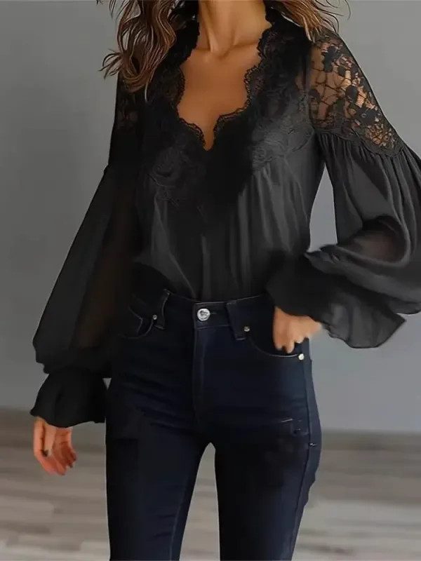 Blusa Mujer Color Sólido V-cuello Encaje Manga Farol Elegante Oficina