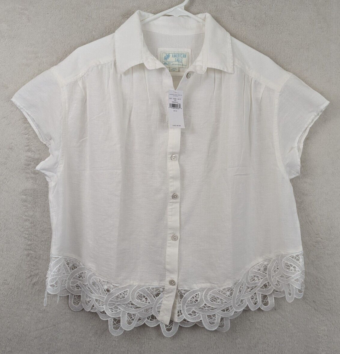 American Eagle sz S Oversized Relaxed Shirt linen blend eyelet lace hem 1540