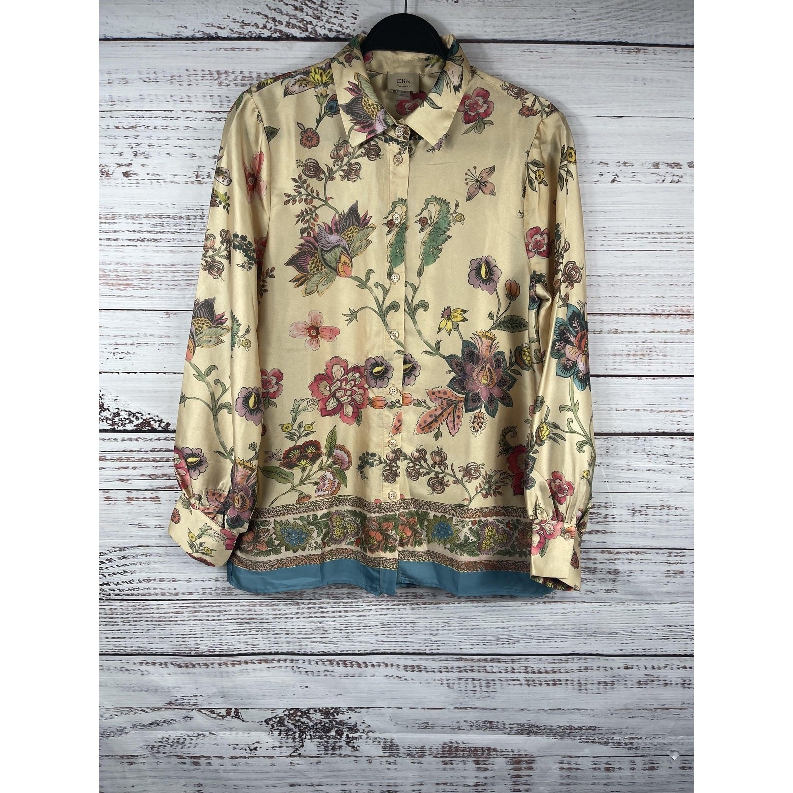 Elie Tahari Shirt Women’s Medium Beige Floral Button Front Long Sleeve Collared