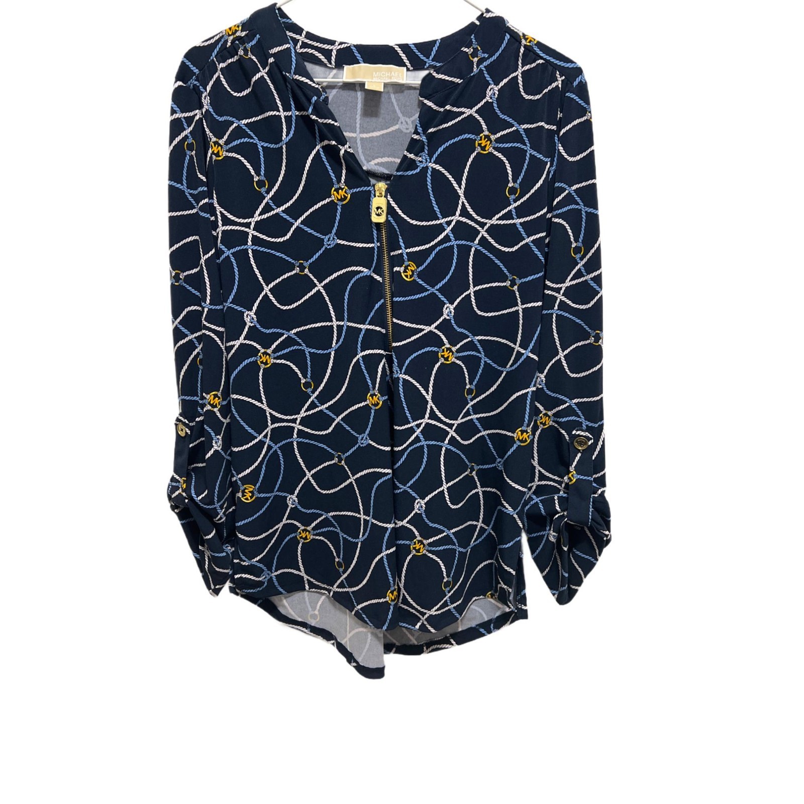 0939 Michael Kors V-Neck 3/4 Gold Front Zipper Long Sleeve Print Tunic Womens