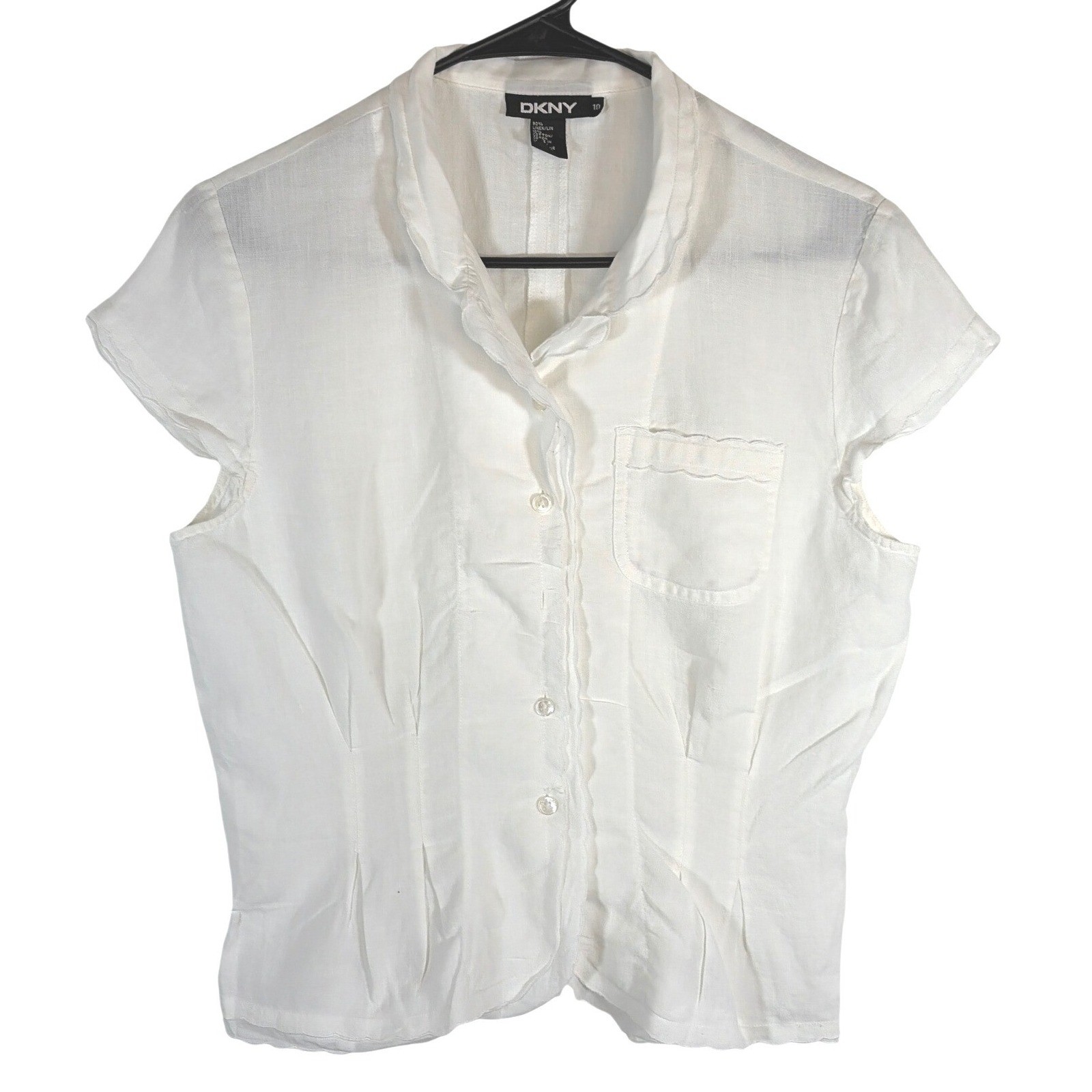 DKNY Womens Boho Linen Cotton Button Down Blouse White Scalloped Short Sleeve 10
