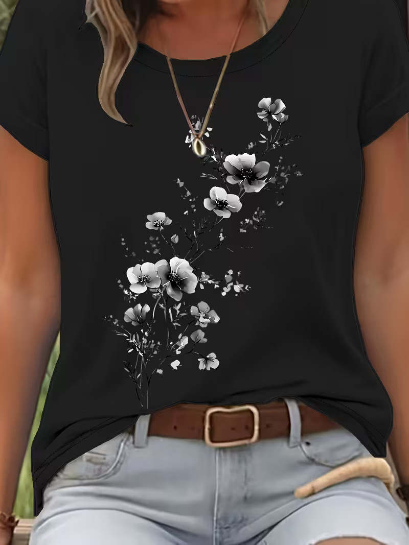 Women’s Floral T Shirt White Blue Flower Cotton Crew Neck Summer Casual Tee