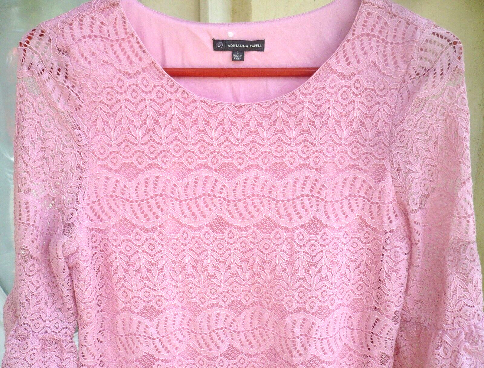 Adrianna Papell Blouse Pink Full Lace Lined Bell Sleeve FEMININE EVENING TOP L M
