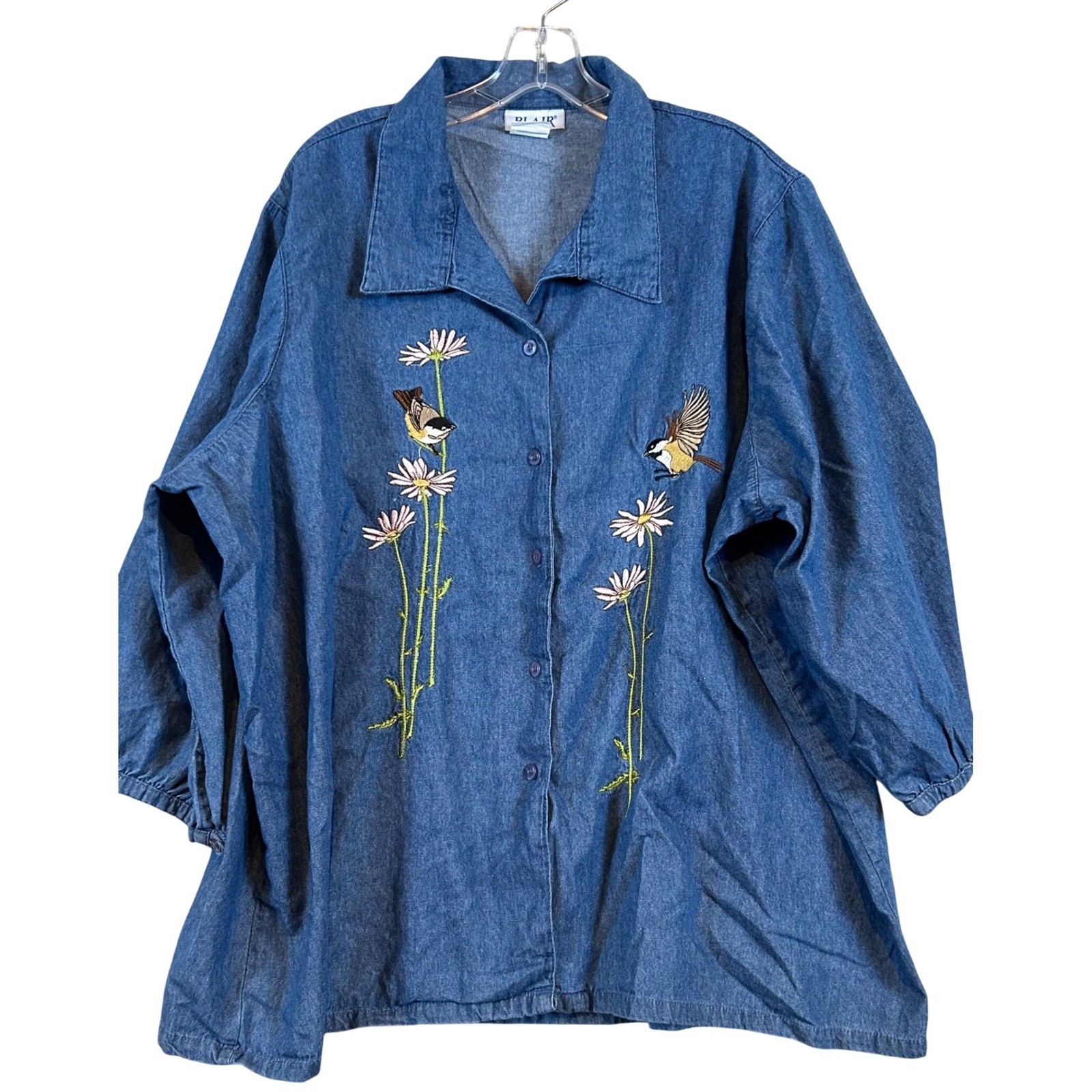 VTG Blair Womens Denim Embroidered Bird Daisy Button Front Shirt 3XL Grannycore