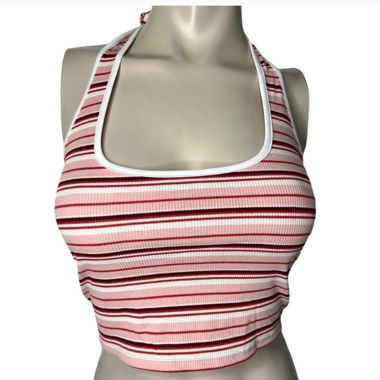 🆕Pink/Red Multicolor Stripe Design Stretchy Ribbed Halter Open Back Top~Size S