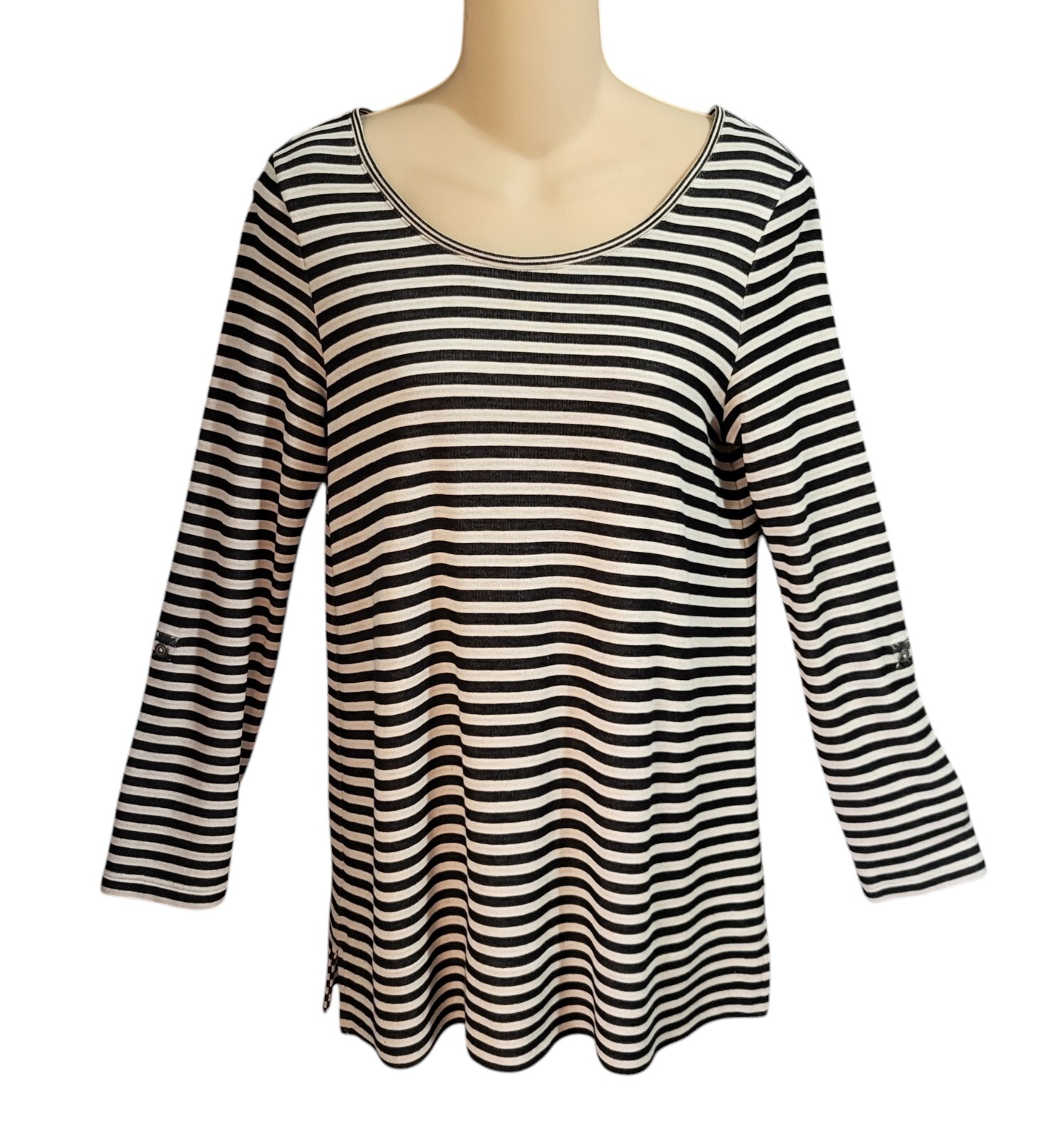 J Jill Stretch Top T-Shirt Size XS Black White Stripe Scoop Neck Roll Tab Sleeve