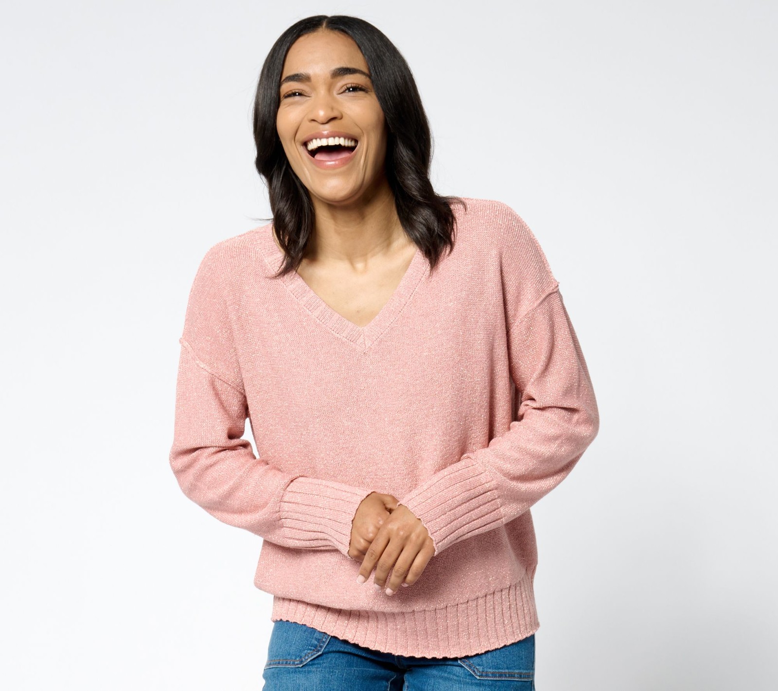Peace Love World Black Label V-Neck Long Sleeve Pullover Sweatshirt Rose Tan L N