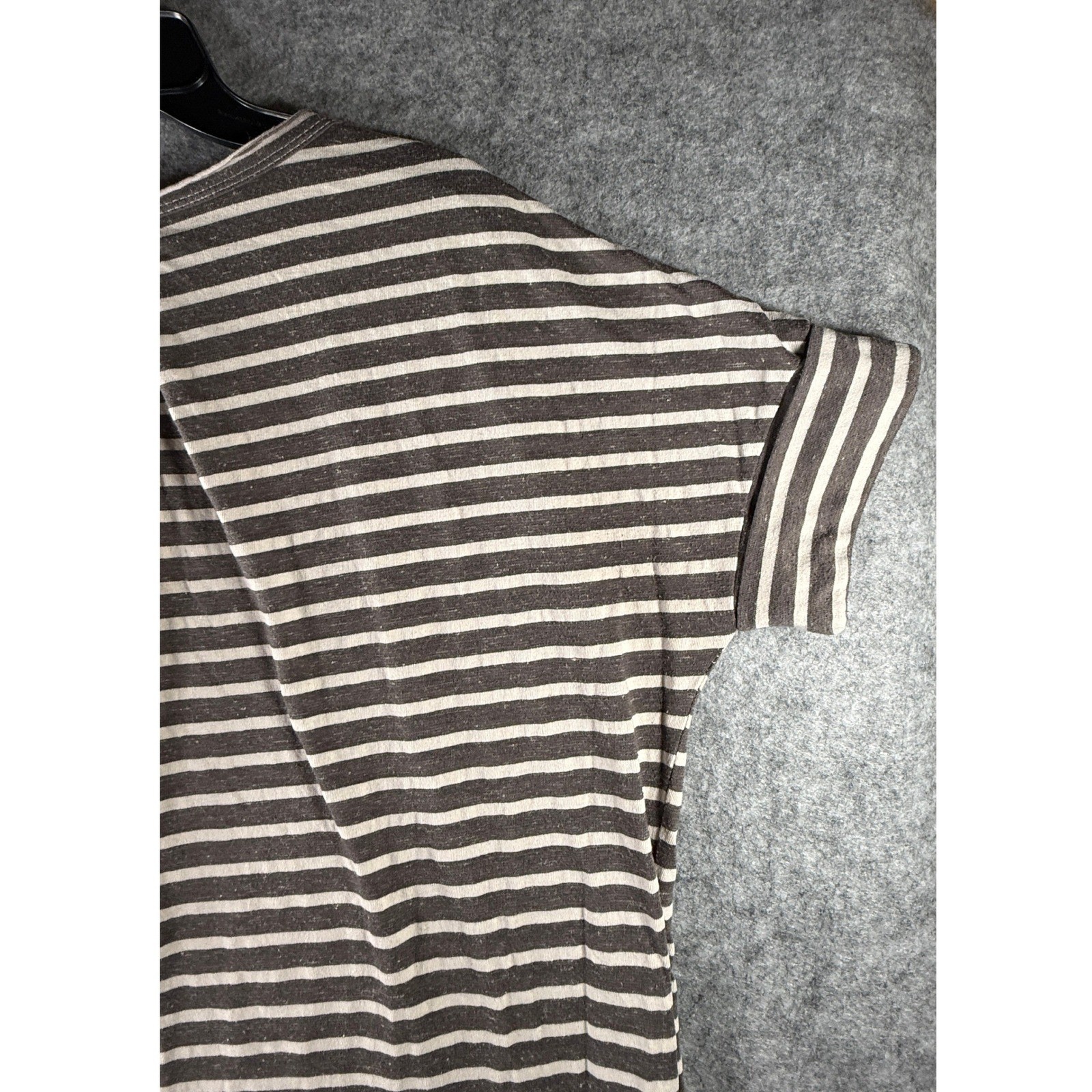 Grey and White Striped Short Sleeve Pocket Tee with Pleated Back and Curved Hem