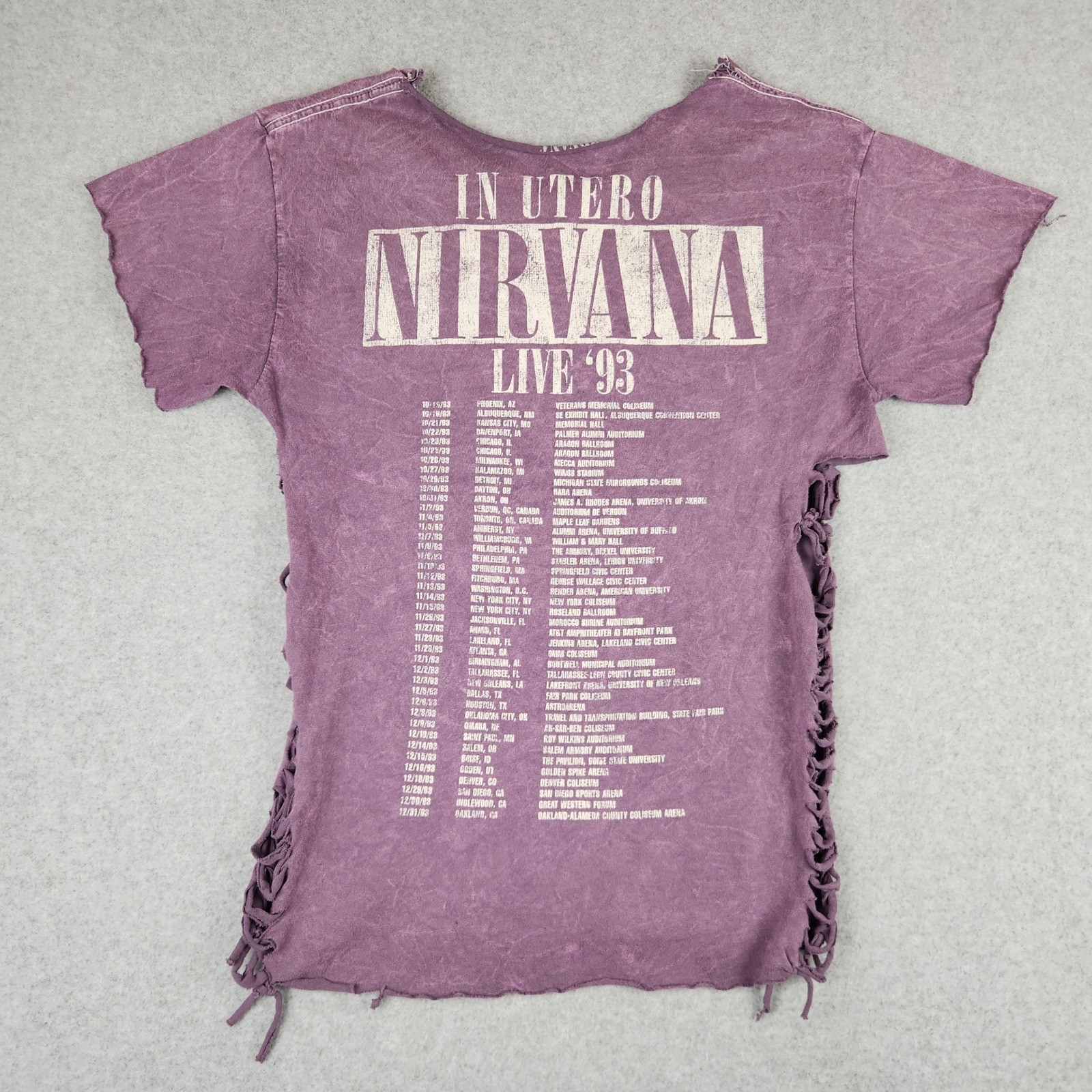 Nirvana In Utero Live 93 Distressed Graphic T-Shirt Purple Medium Side Braided