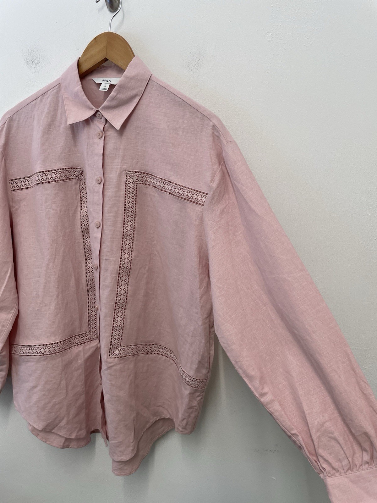 M&S Oversized Linen Rich Collared Lace Insert Shirt Size 10 Pink Shell Flax Mix