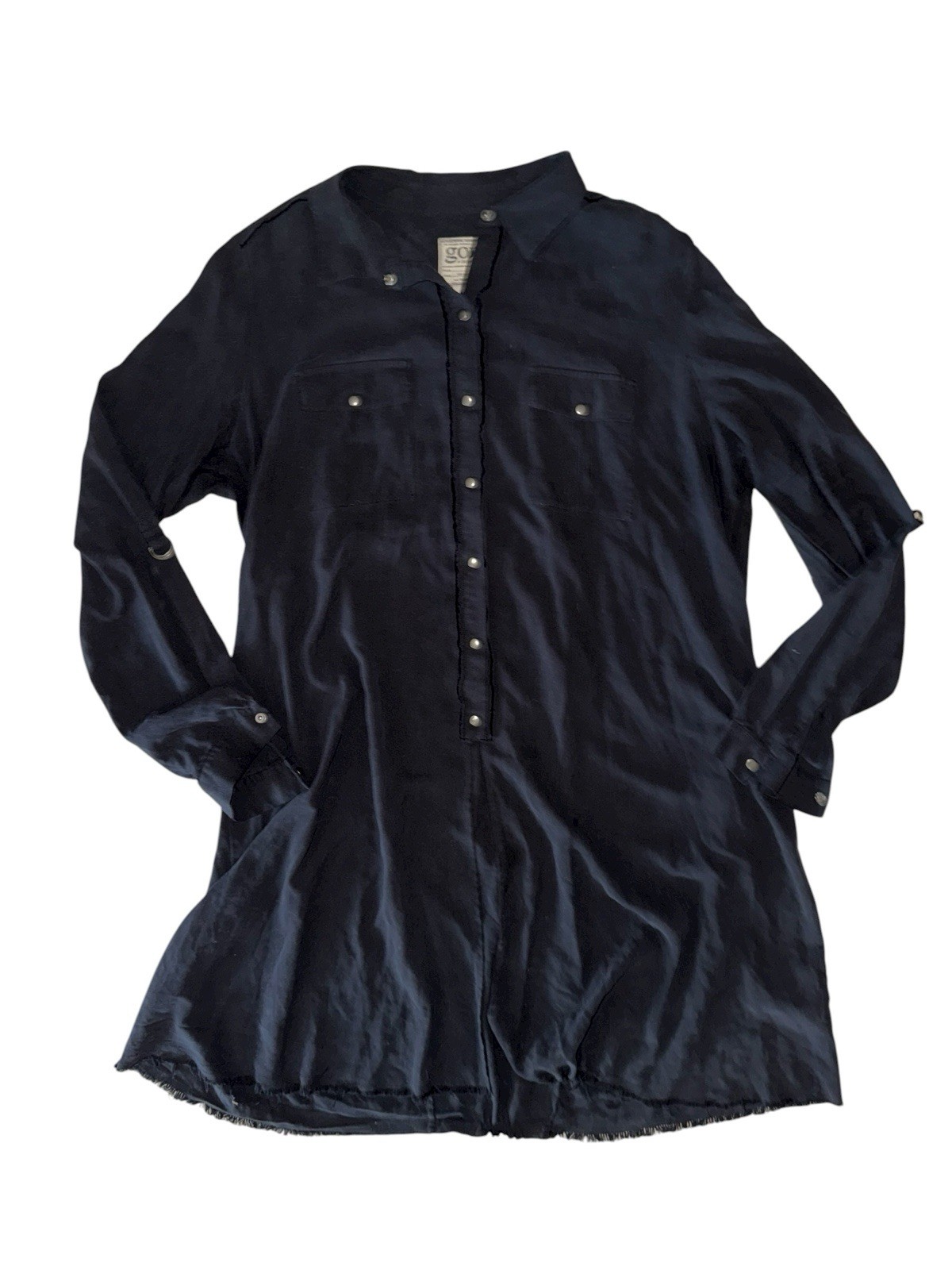 GO SILK washable silk snap front tunic roll-tab sleeve shirt black size L